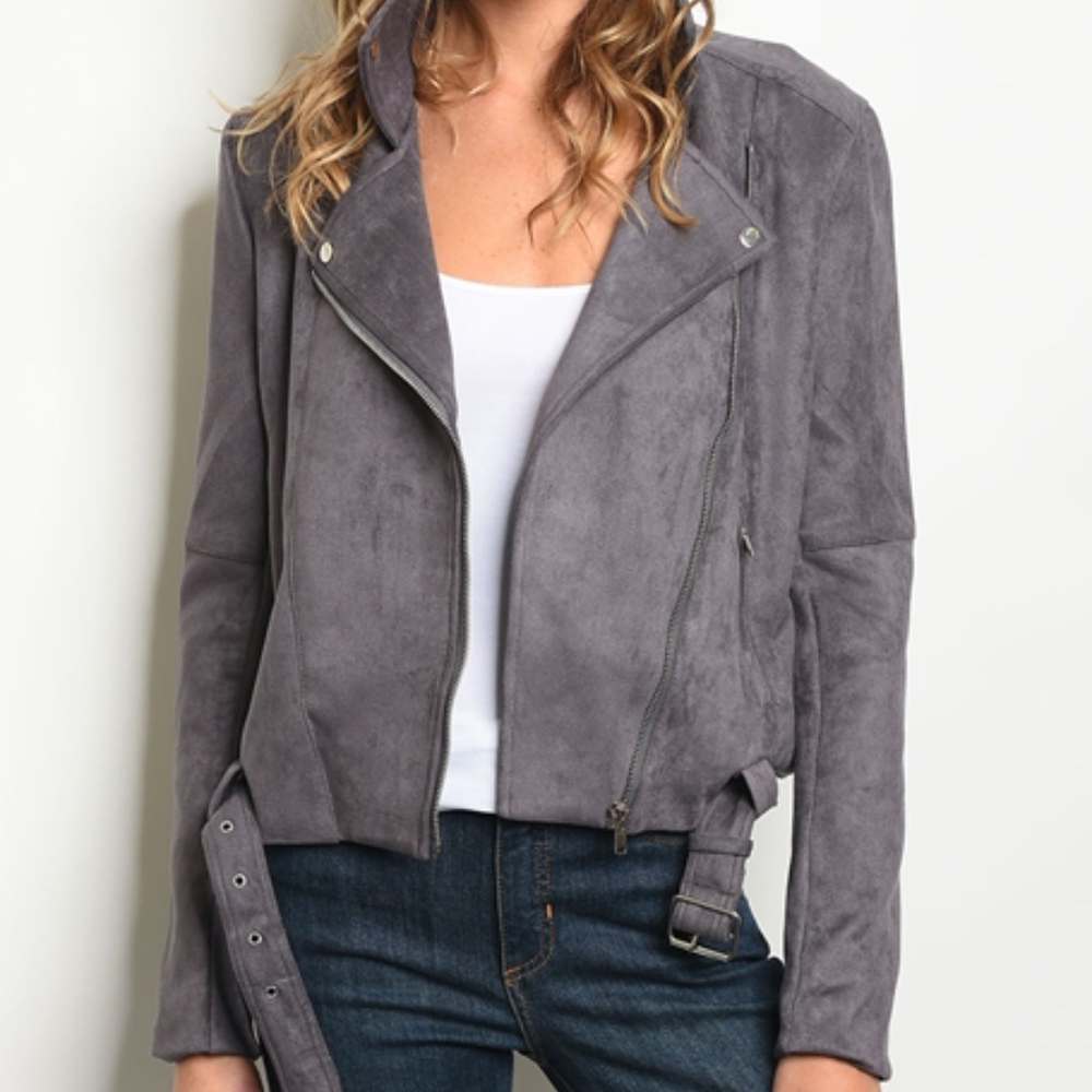 Suede Moto Jacket - Grey